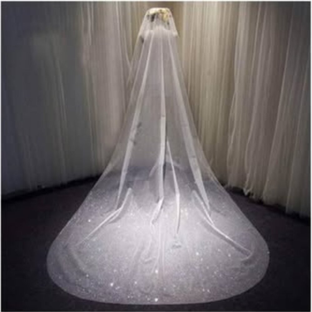 Sparkling White Glitter Wedding Veil with Comb, Cathedral length, 118 inches